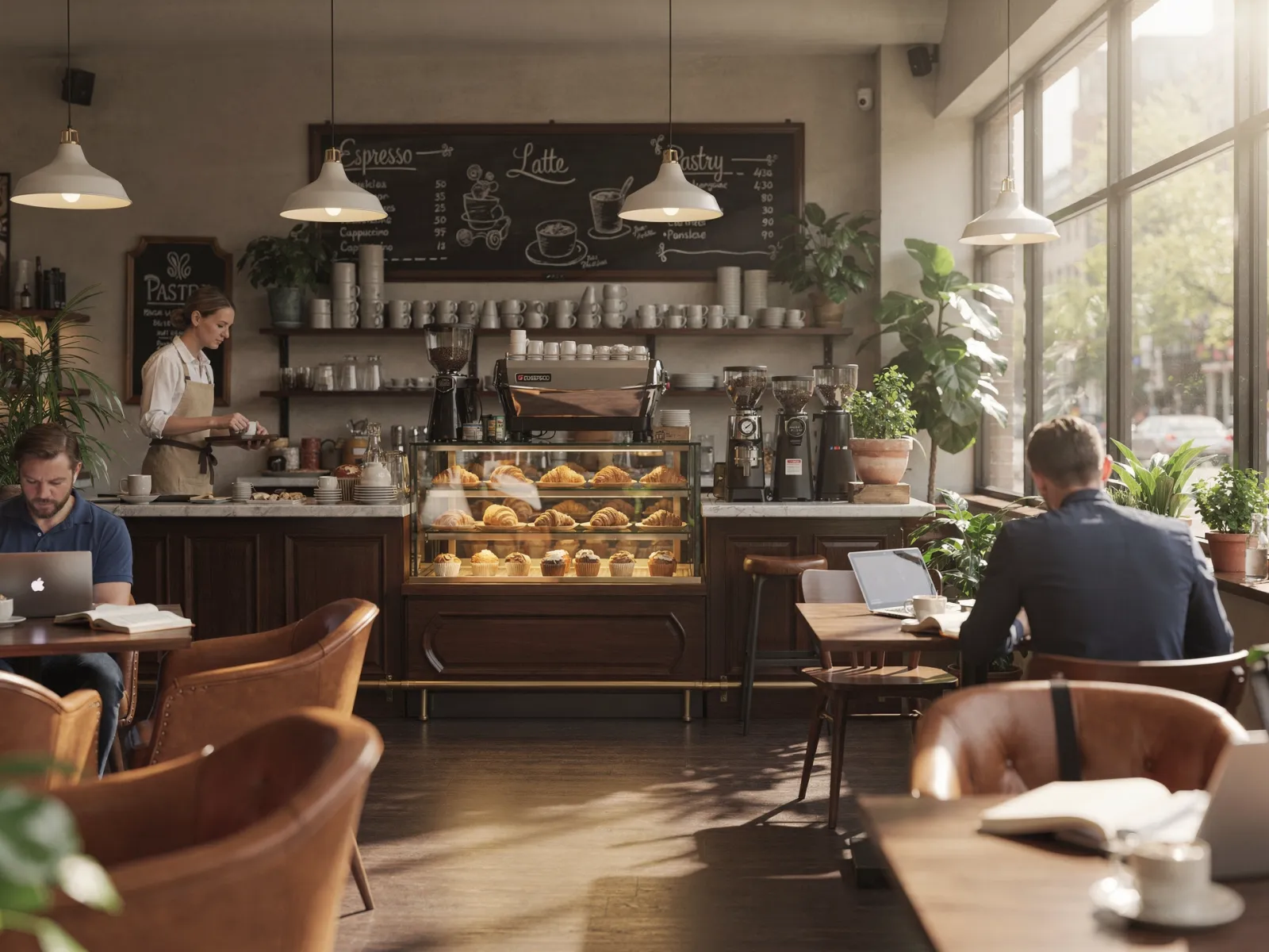 Café-Innenraum; eine Barista mit Schürze hinter dem Tresen hält ein Tablett, im Vordergrund Gäste an Laptops.