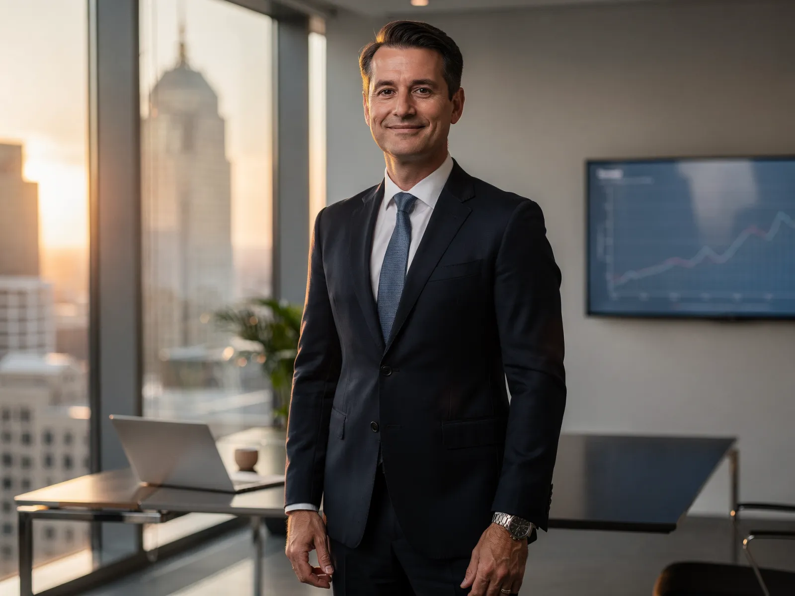 Mann mittleren Alters im dunklen Anzug mit Krawatte in einem modernen Eckbüro mit Skyline und Kurschart im Hintergrund.