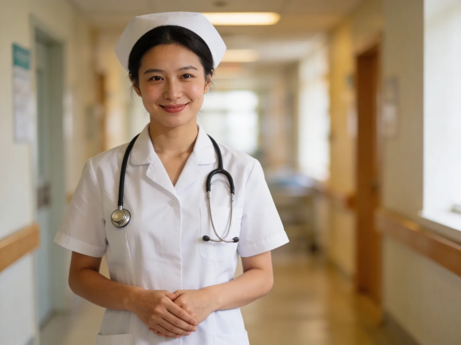 Junge, lächelnde Pflegerin in weisser Uniform mit Haube und Stethoskop in einem Krankenhausflur.