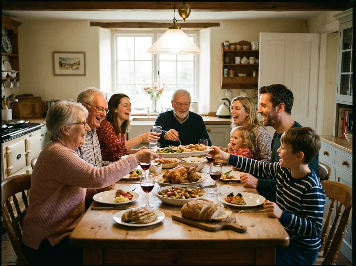 Mehrgenerationen-Familie an einem festlich gedeckten Esstisch, ausgelassene Stimmung, Braten und Rotwein in der Mitte.