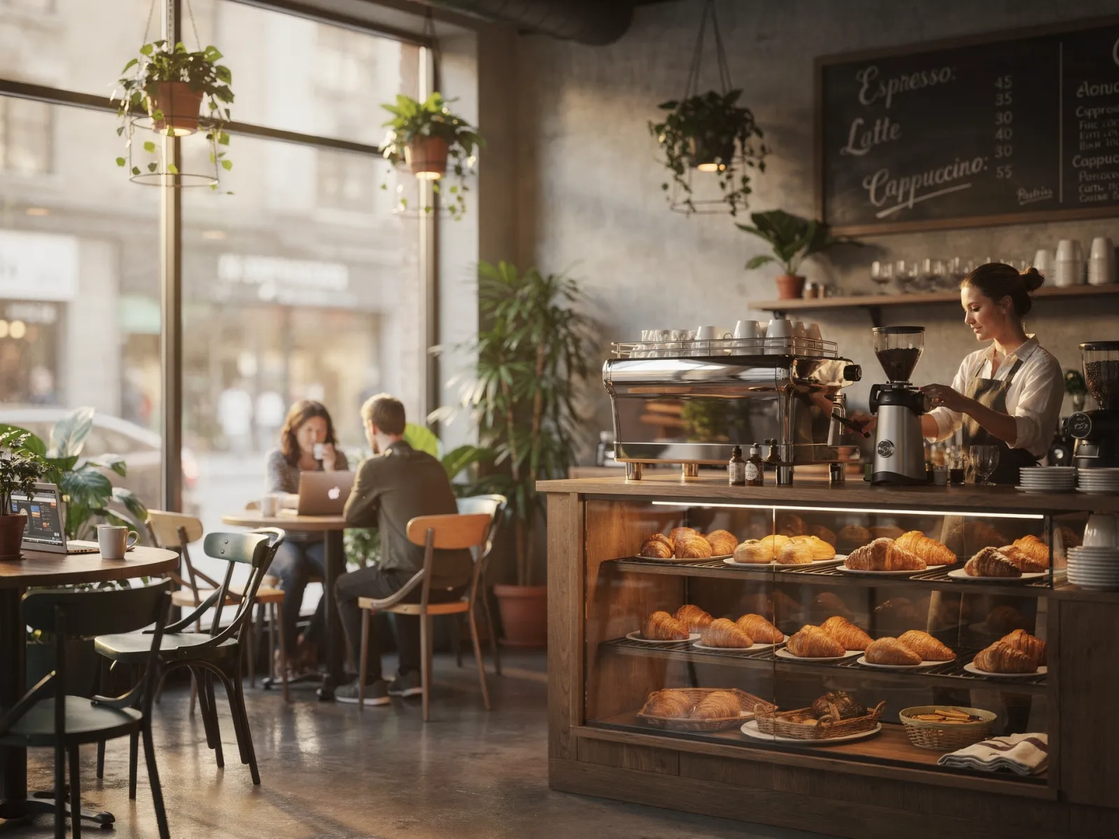 KI-generierte Café-Szene mit verchromter Espressomaschine – wirkt wie ein echtes Foto.