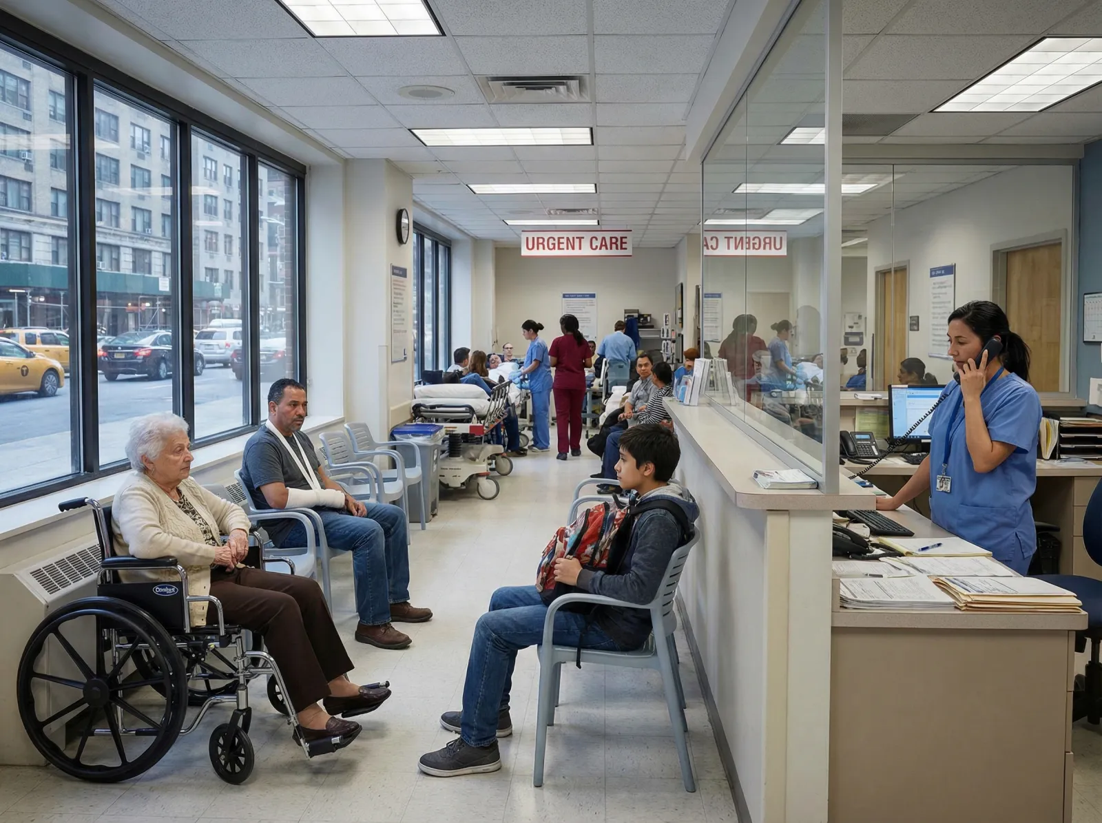 Urgent-Care-Wartebereich mit Empfangstresen und Glastrennwand; wartende Personen, rechts eine telefonierende Pflegerin.
